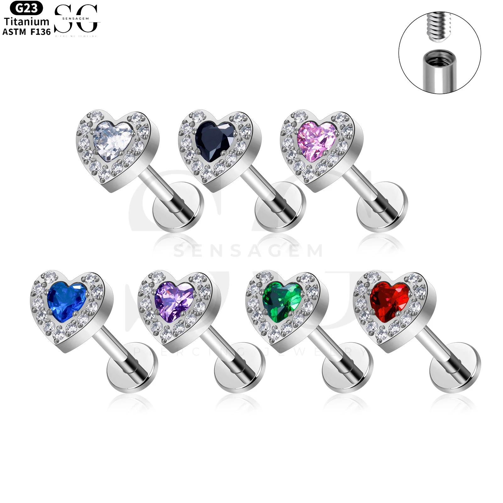 SG4003 Implant Grade F-136 Titanium Pave Heart Labret Stud