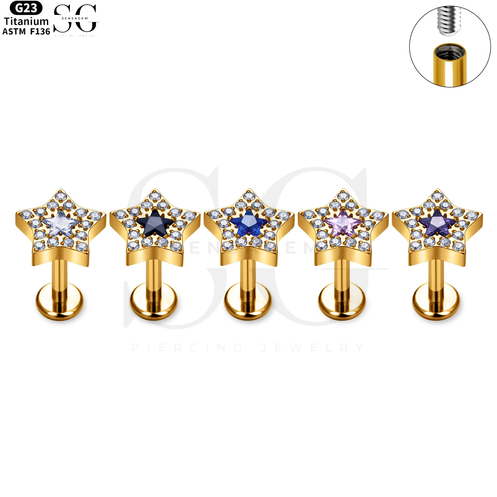 SG4037 Implant Grade Titanium Internally Threaded Star Gem Cluster Labret - immagine 2