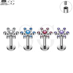 SG4049 Titanium Internally Threaded Labret with Multi-Gem Snowflake Cluster