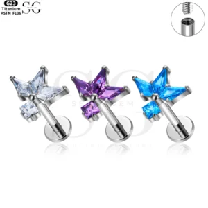 SG4050 Titanium Internally Threaded Labret with Marquise Cut Butterfly Gem Top