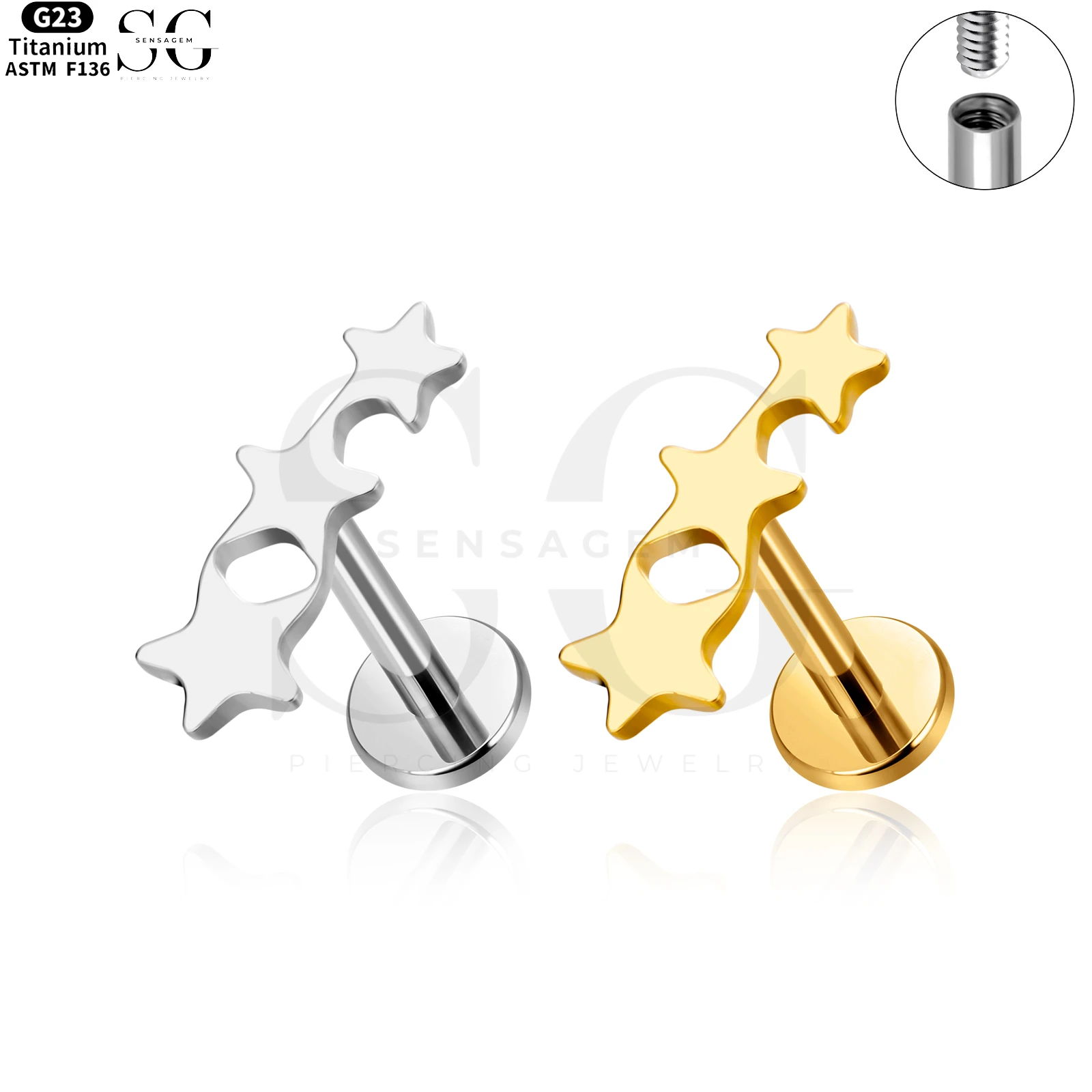 SG4051 Titanium Internally Threaded Labret with Three Star Cluster Top