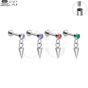 SG4056 Titanium Internally Threaded Labret with Gem and Dangling Cone
