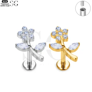 SG4059 Titanium Internally Threaded Labret with Gem Flower Cluster
