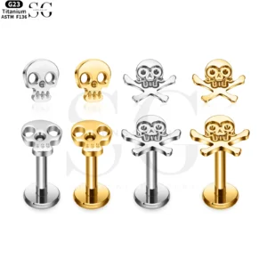 SG4061 Titanium Internally Threaded Labret with Skull and Crossbones/Skull Tops