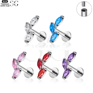 SG4075 Titanium Internally Threaded Labret with Multi-Colored Triple Marquise Gem Cluster