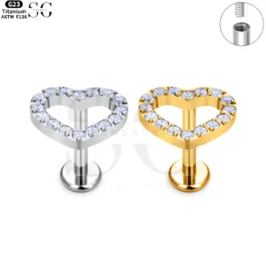 SG4082 Titanium Internally Threaded Labret with CZ Outline Heart Top