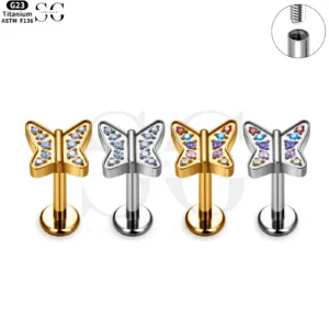SG4092 Titanium Internally Threaded Round Zircon Butterfly Cluster Labret