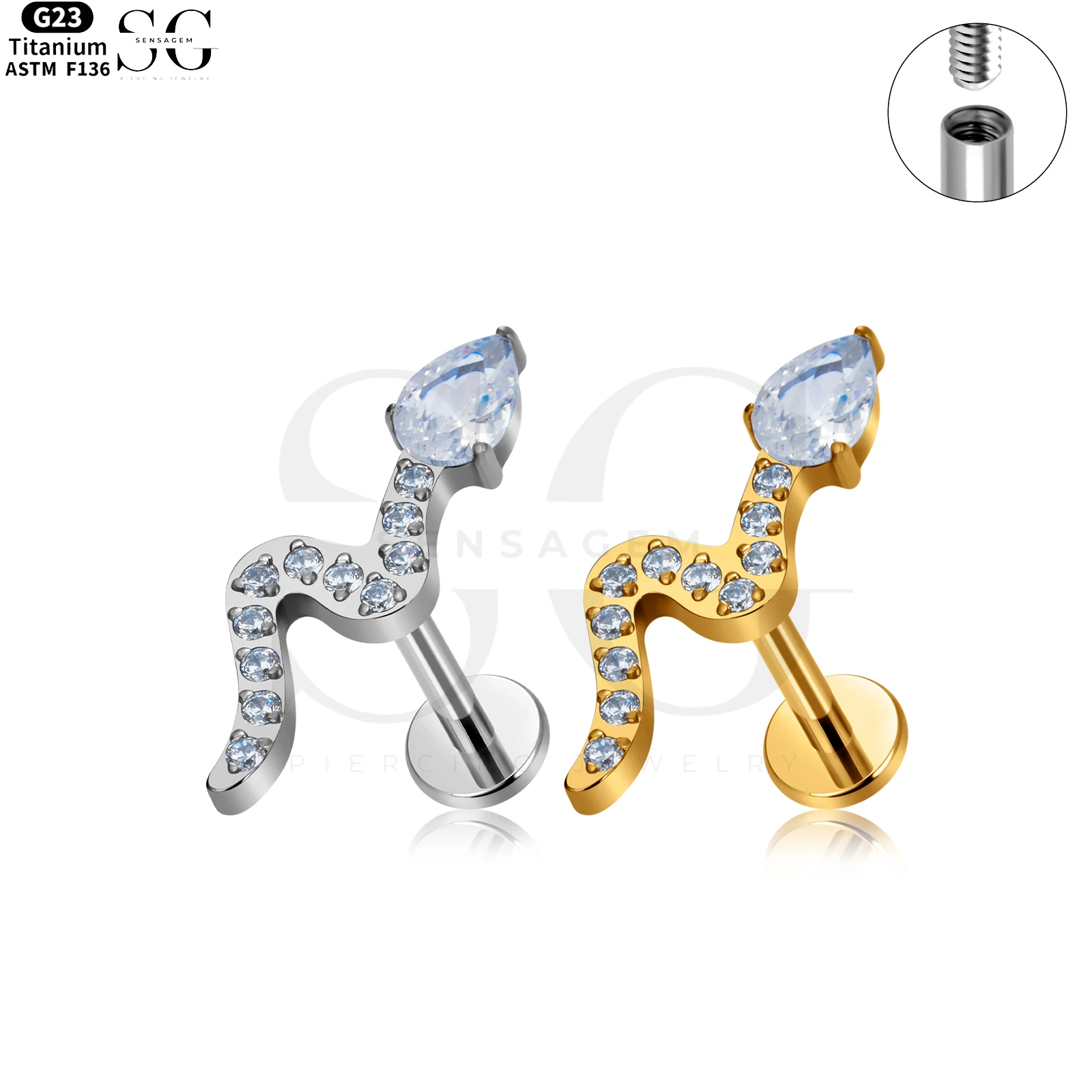 SG4109 S-Shaped Threadless Piercing with Clear Teardrop Zirconia