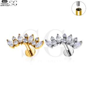SG4112 Titanium Internally Threaded Marquise Zircon Cluster Crown Labret Stud