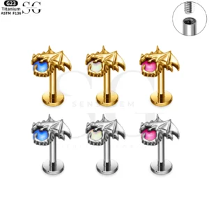 SG4135 Titanium Internally Threaded Opal Gothic Bat-Winged Skull Labret Stud