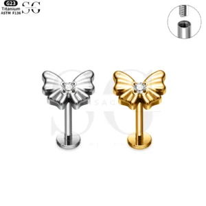 SG4143 Titanium Internally Threaded Labret Stud with Butterfly Cubic Zirconia Top