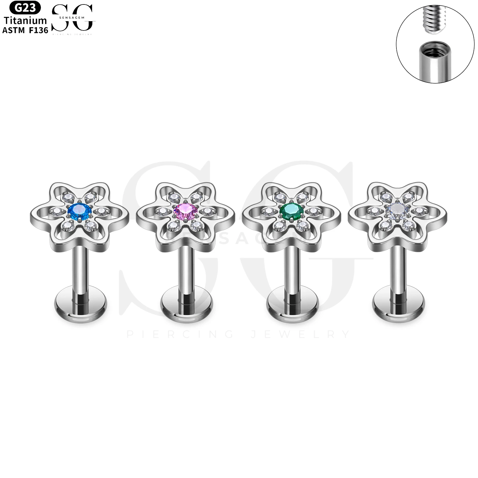 SG4178 Marquise-Style Flower Zircon Titanium Labret – Internally Threaded