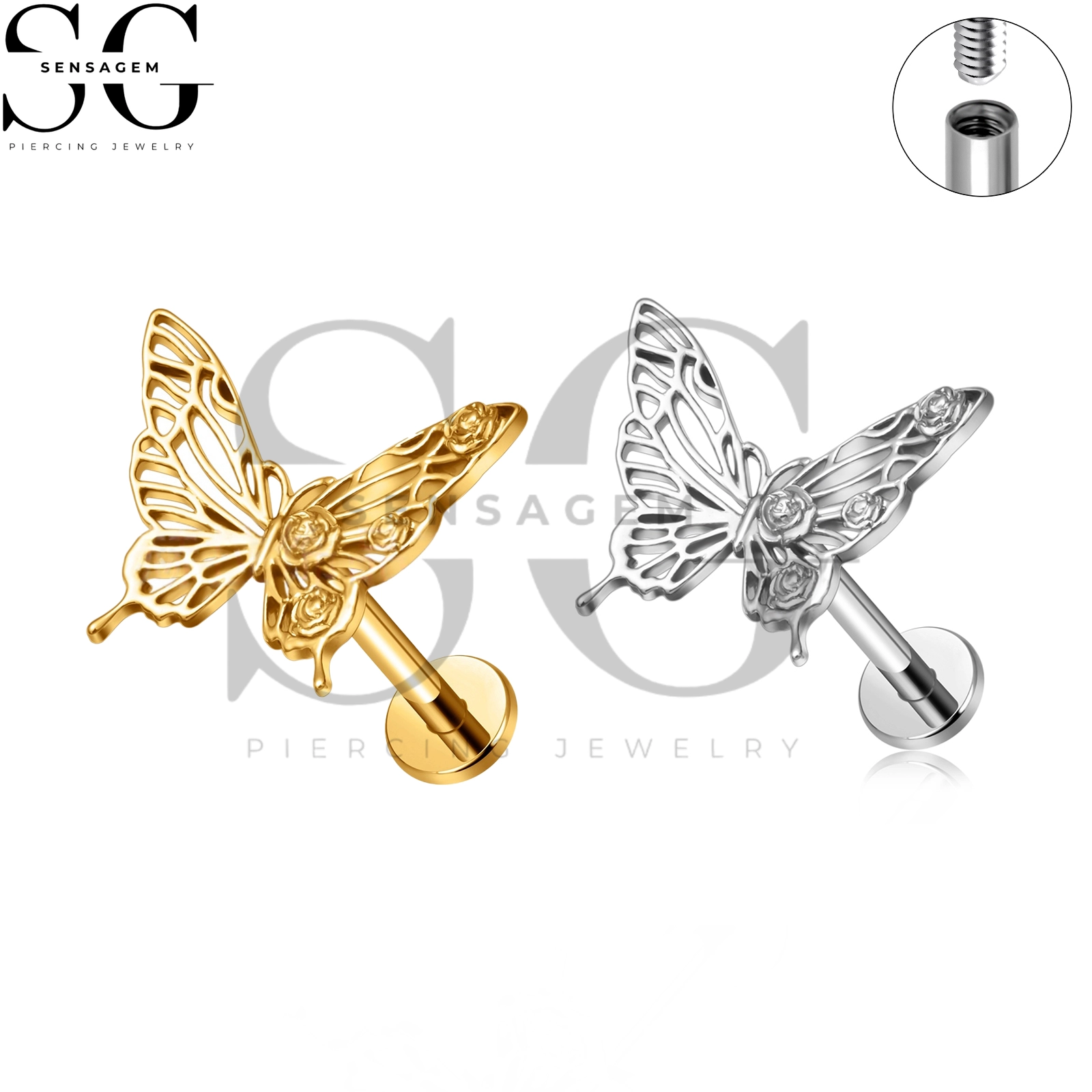 SG4364 G23 Titanium Flat Back Lip Ring Recorte Borboleta Labret Stud