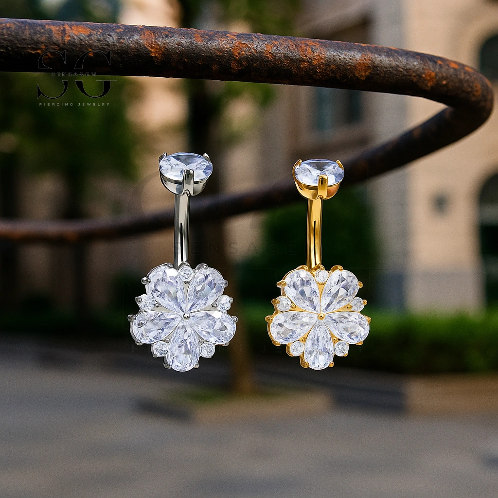 SG6034 G23 Titanium CZ Flower Navel Ring Belly Button Piercing Jewelry