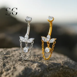 SG6053 G23 Titanium Flower Double Chain Belly Button Ring Navel Piercing