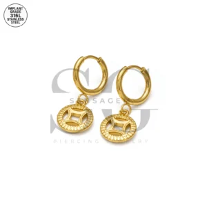 SG9057 316L Stainless Steel Gold Coin Dangle Huggie Hoops