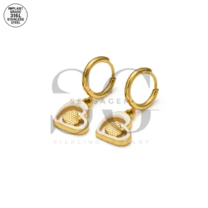 SG9067 316L Gold Enamel Heart & Honeycomb Dangle Hoops