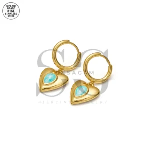 SG9070 316L Gold Heart Dangle Hoops