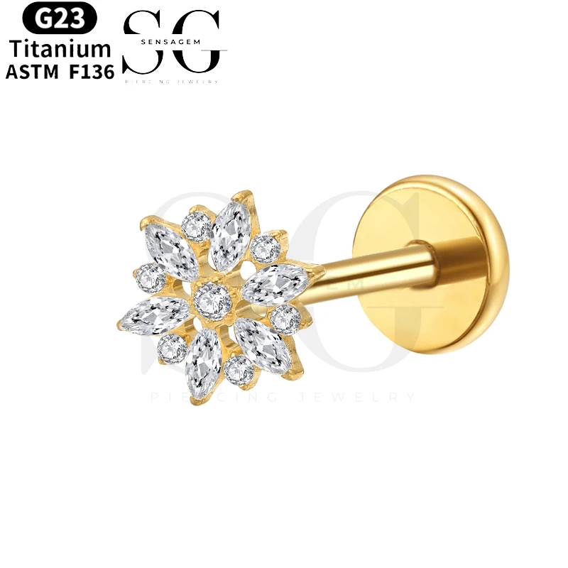 SGYS1010 Marquise CZ Flower Flat Back Labret Piercing Stud