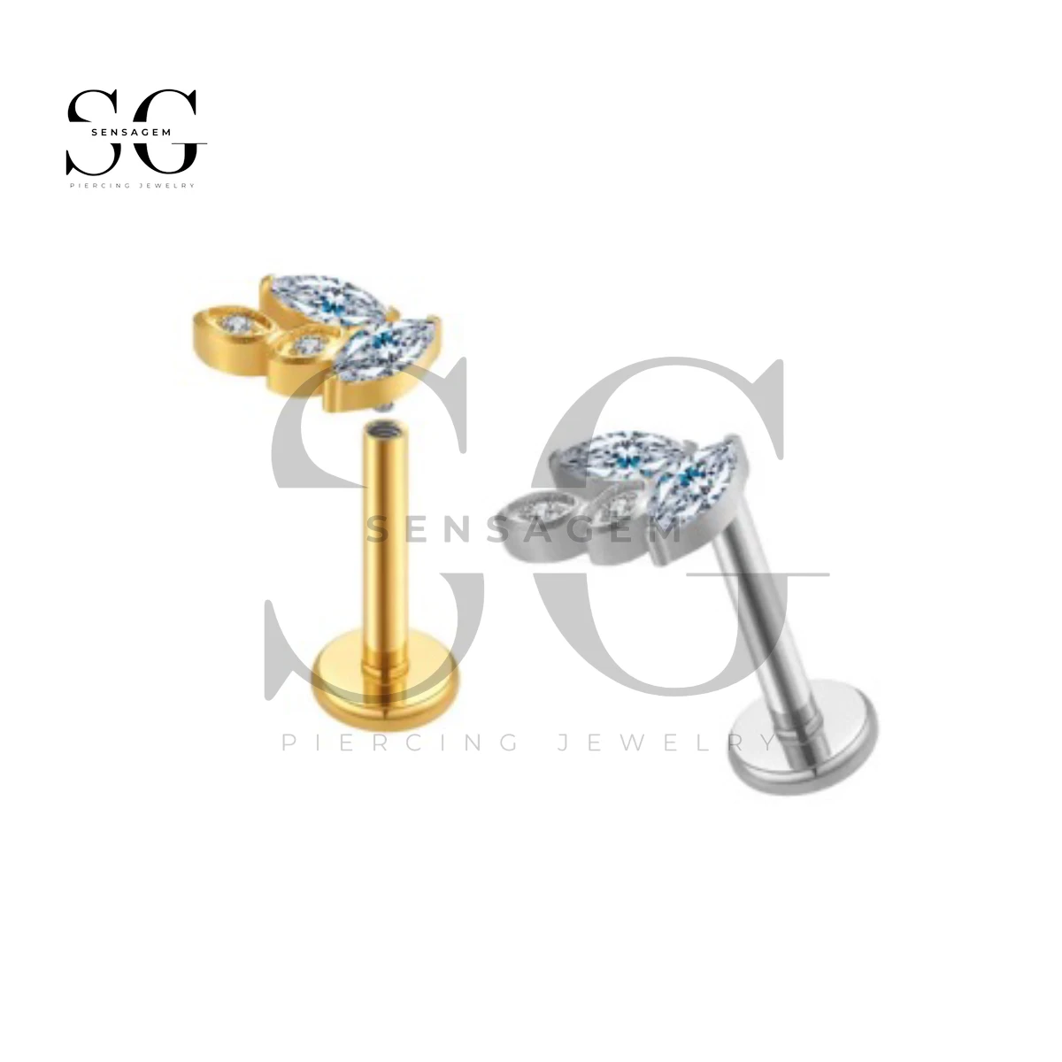 SGYS1017 Triple Baguette CZ Crown Flat Back Labret Piercing