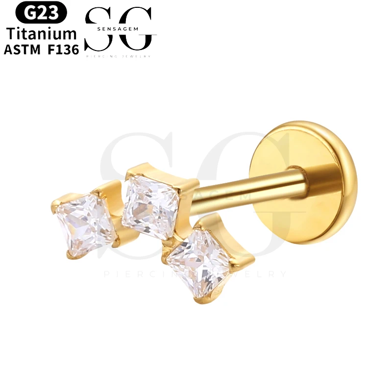 SGYS1020 Baguette CZ Triple Crown Flat Back Labret Piercing