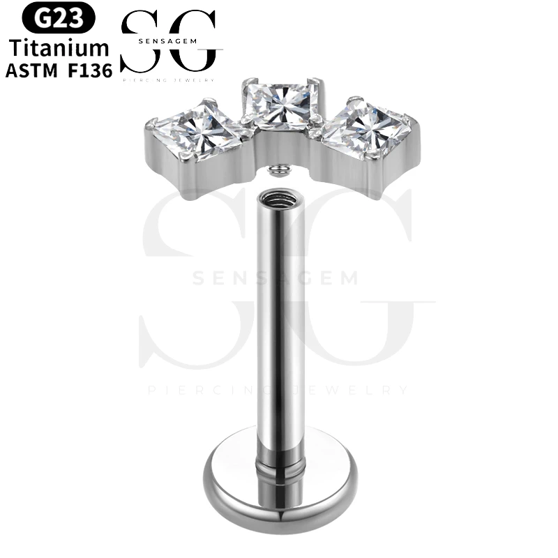 SGYS1020 Baguette CZ Triple Crown Flat Back Labret Piercing - Afbeelding 2