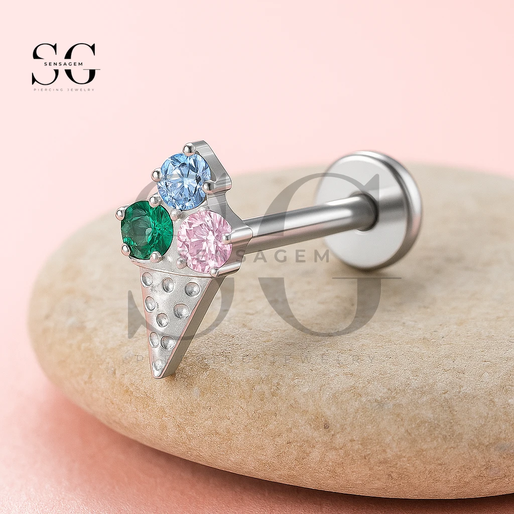 SGYS1030 Colored CZ Ice Cream Cone Flat Back Labret Stud