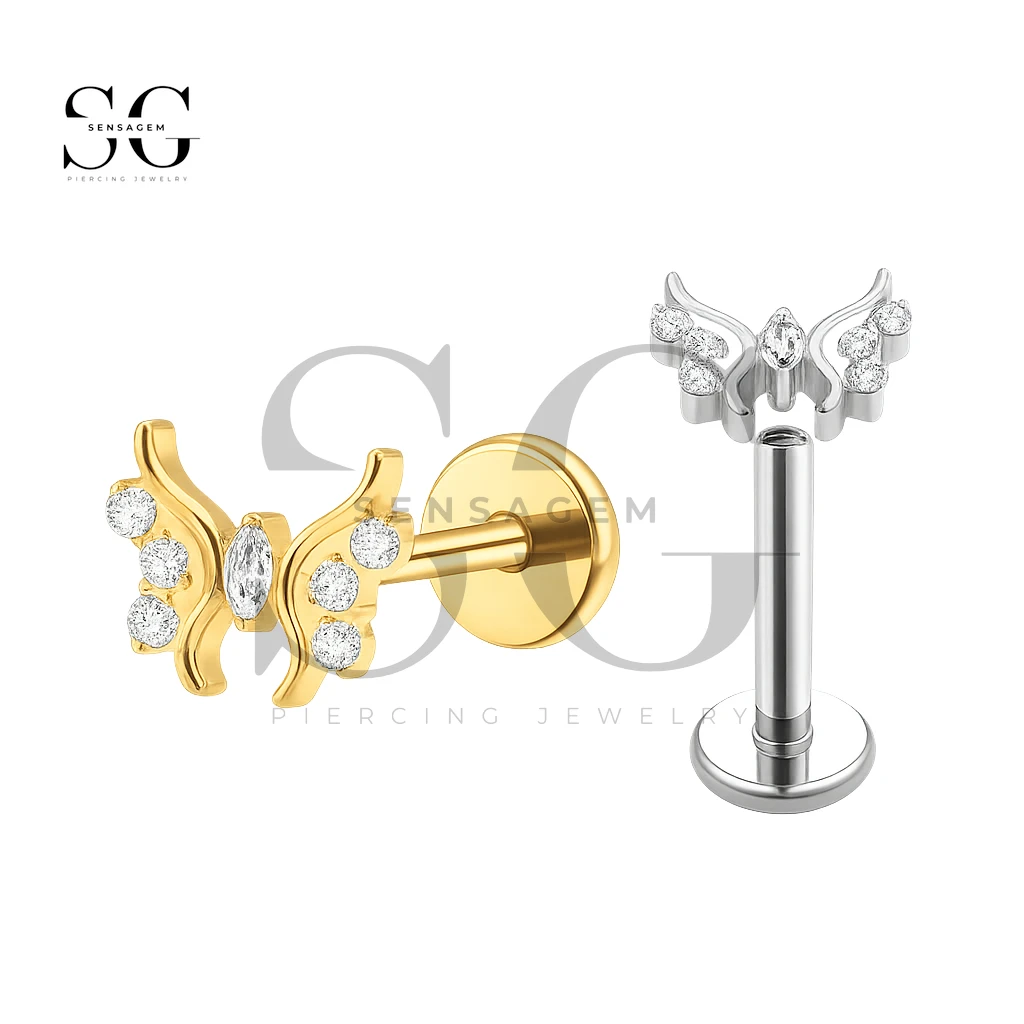 SGYS1042 Titanium Internally Threaded CZ Butterfly Bow Flat Back Labret