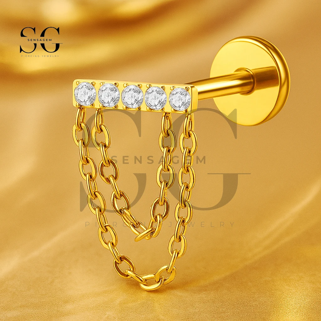 SGYS1133 Titanium CZ Bar Double Chain Dangle Labret