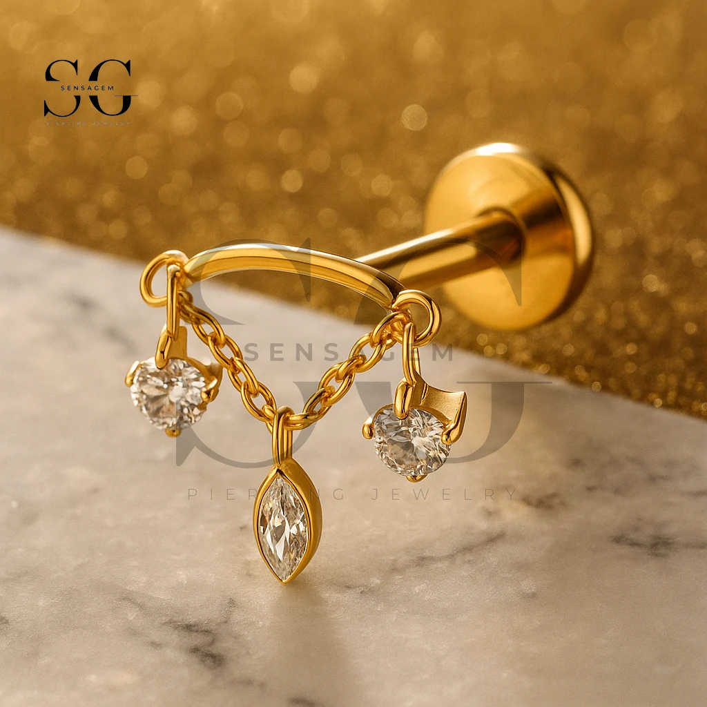 SGYS1134 Titanium Triple CZ Dangle Chain Labret