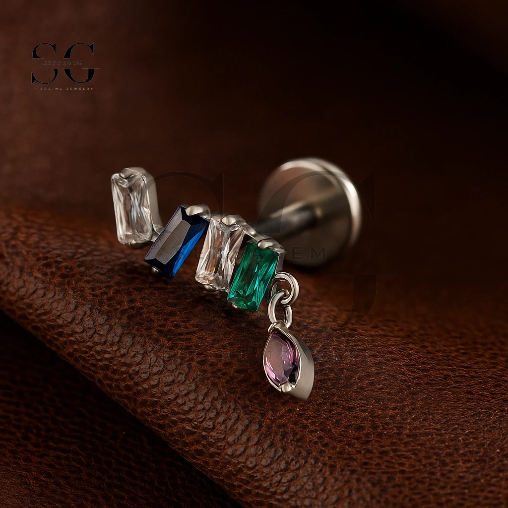 SGYS1136 Titanium Multi-Color Baguette CZ Dangle Internal Labret