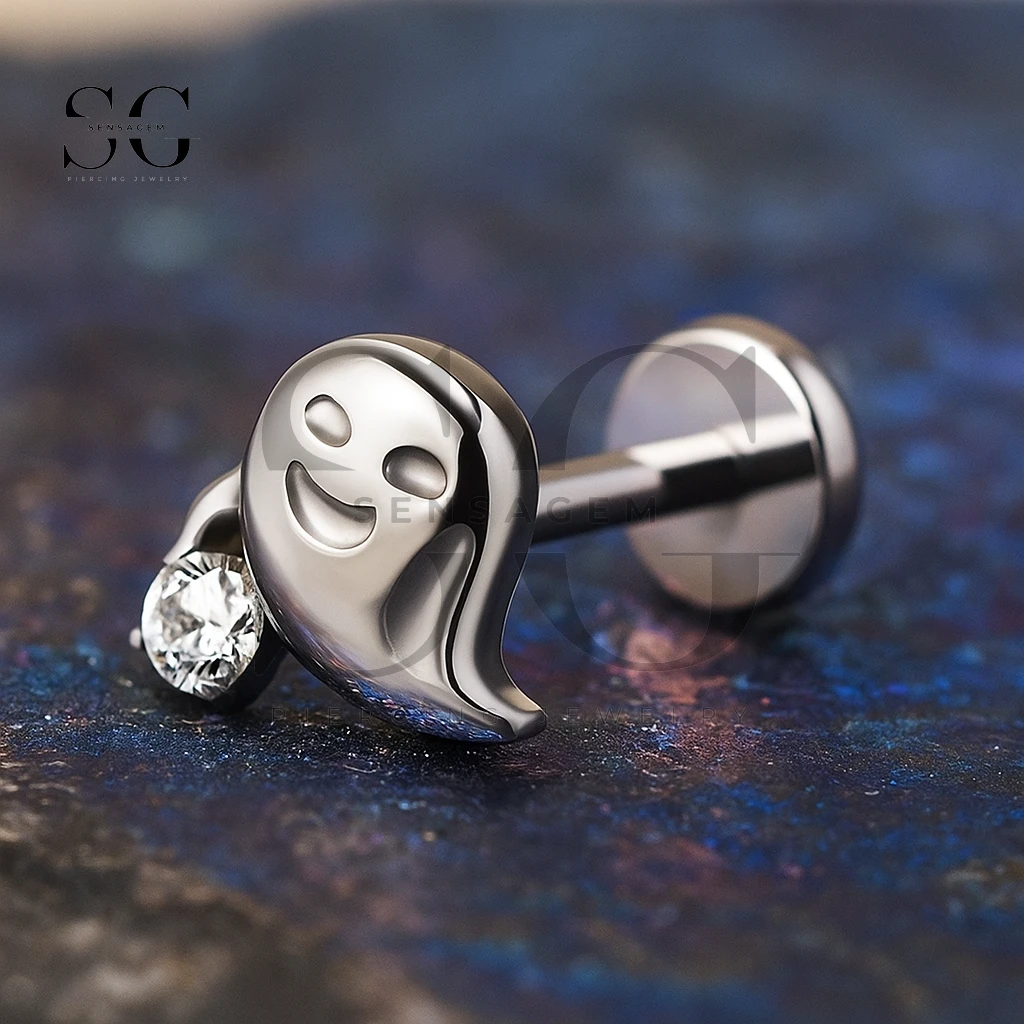 SGYS1157 Titanium Cute Ghost CZ Dangle Internal Labret