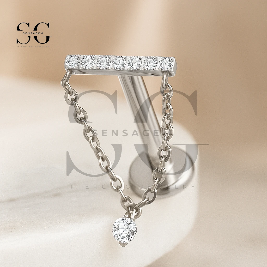 SGYS1176 CZ Pave Bar Dangle Chain Titanium Labret Stud