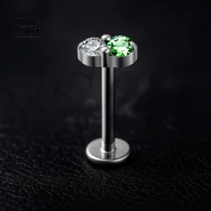 SGYS1181 Double CZ Labret Stud - Green & Clear Titanium Flat Back Piercing