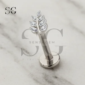 SGYS1182 Leaf CZ Titanium Labret Stud - Hypoallergenic Flat Back Piercing