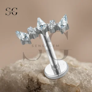 SGYS1183 Staggered CZ Titanium Labret Stud - Hypoallergenic Flat Back Piercing