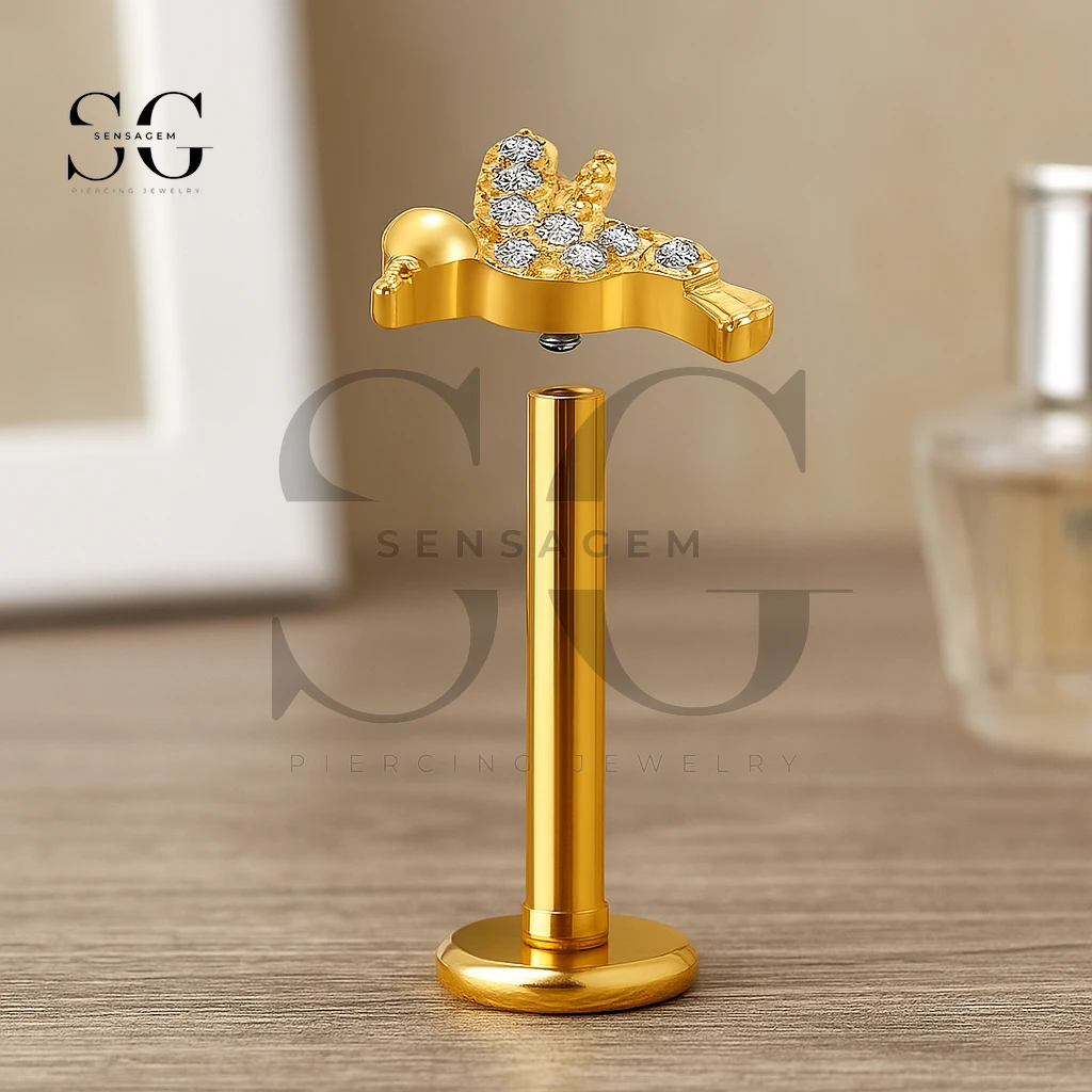 SGYS1187 CZ Bird Titanium Labret Stud - Hypoallergenic Animal Flat Back Piercing - immagine 2
