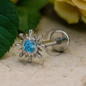 SGYS1229 Implant Grade F-136 Titanium Sunburst Labret Stud with Blue CZ