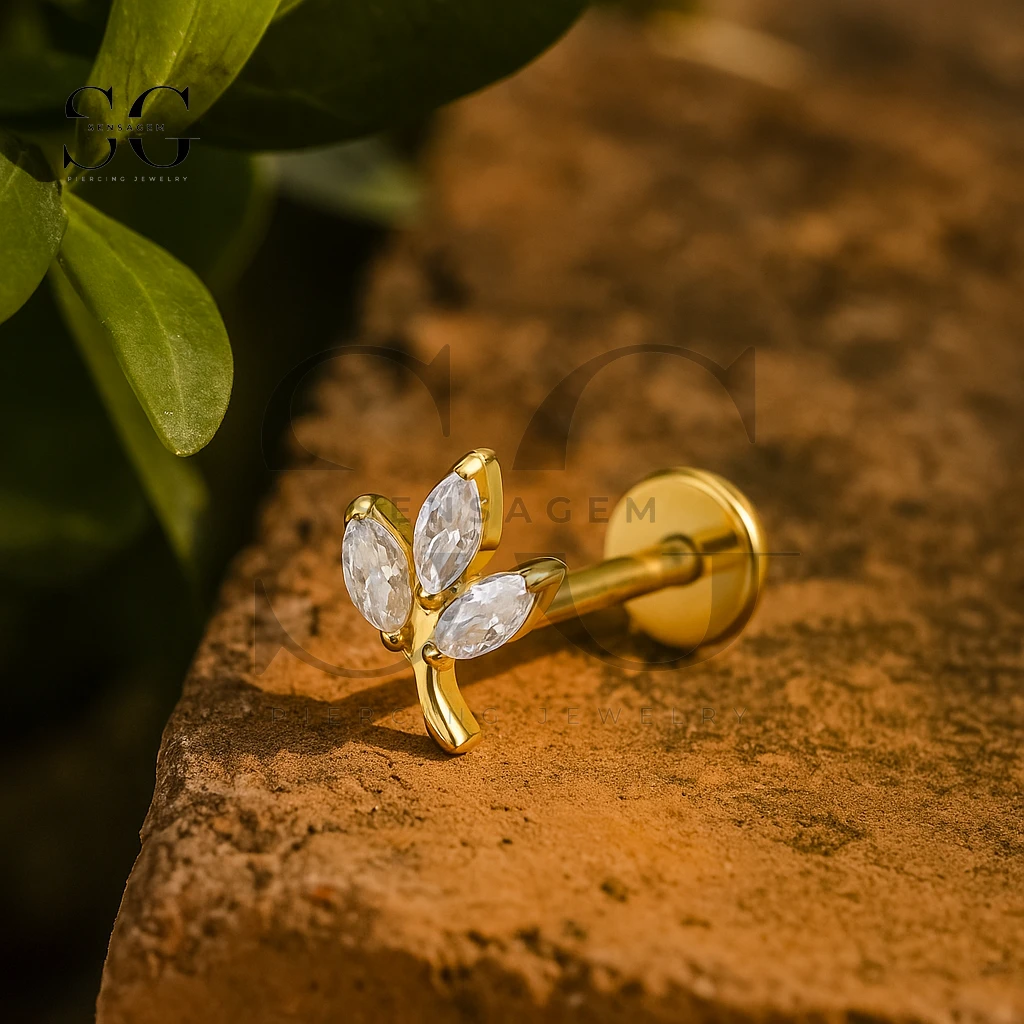 SGYS1230 Implant Grade F-136 Titanium Triple Marquise Leaf Internally Threaded Labret - immagine 2