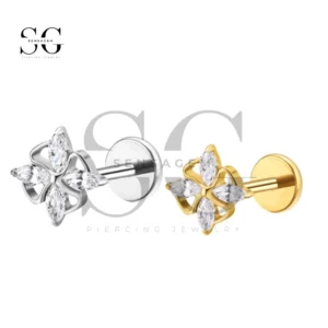 SGYS4302 Marquise CZ Flower Titanium Labret Stud - Hypoallergenic Flat Back Piercing