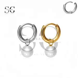 SG3262 Titanium Clicker Hoop Earrings with Pearl Drop – Gold & Silver
