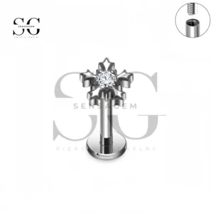 SG4396 Titanium Labret Stud with Snowflake CZ, Internally Threaded Piercing