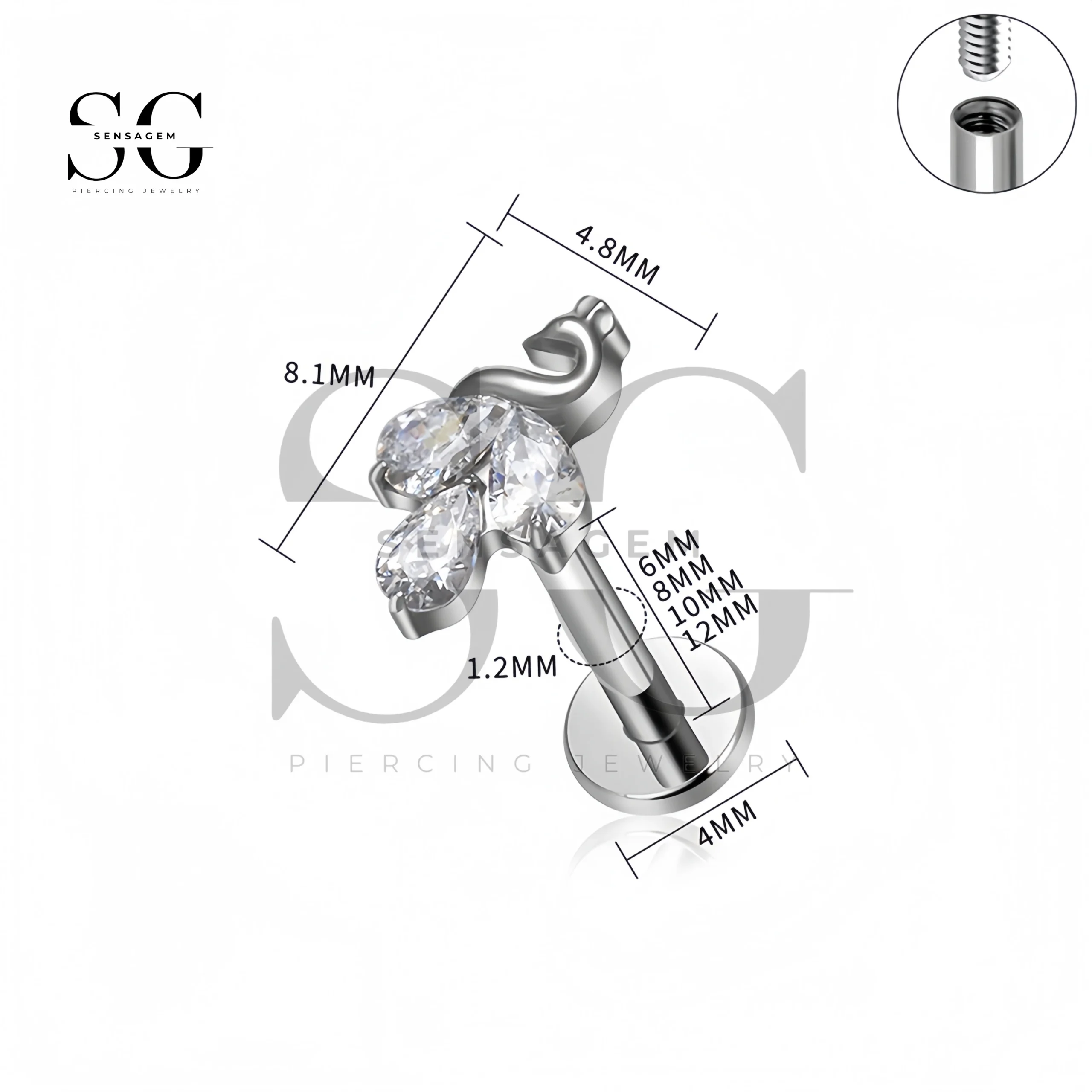 SG4401 Perno a labbro in titanio con filettatura interna e design a foglia CZ - immagine 2
