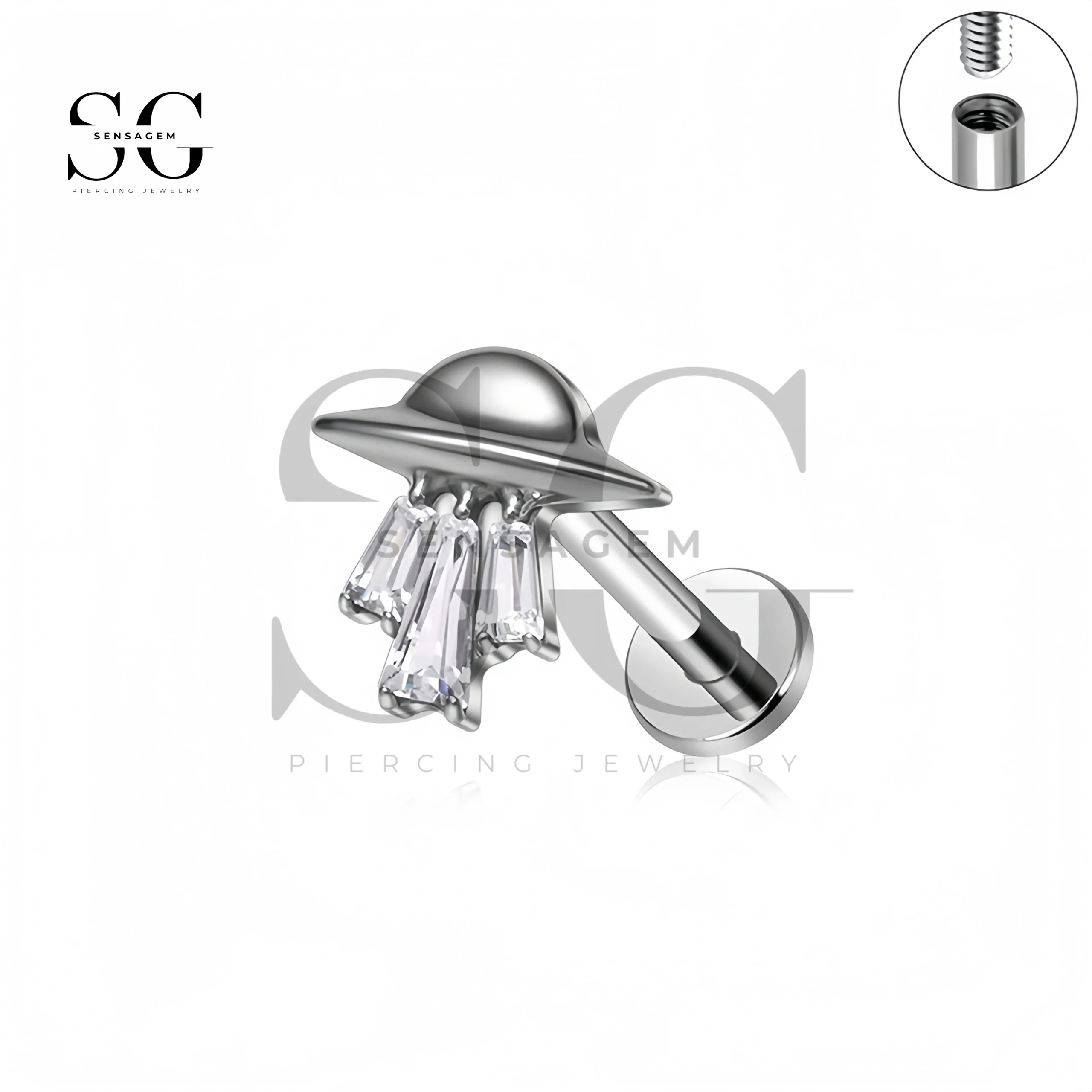 SG4404 UFO Borchia per labbra in titanio con cristalli CZ – Piercing con filettatura interna