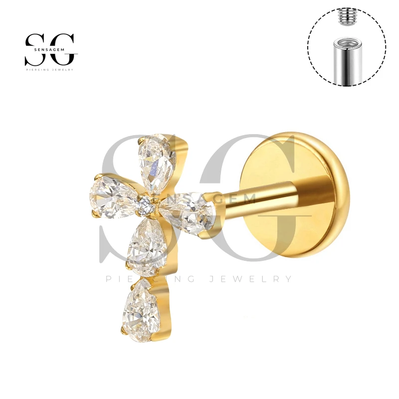 SGYS1237 Orecchini a bottone con labret a labbro incrociato in titanio con gemme CZ - immagine 2