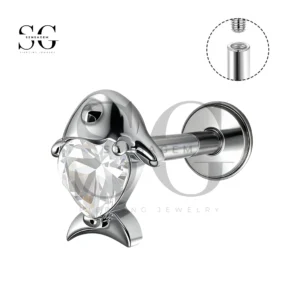 SGYS1239 Titanium Dolphin Heart Gem Internally Threaded Lip Stud