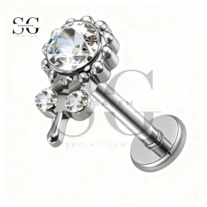 SGYS1241 Titanium Internally Threaded Lip Stud with Clear CZ Gems