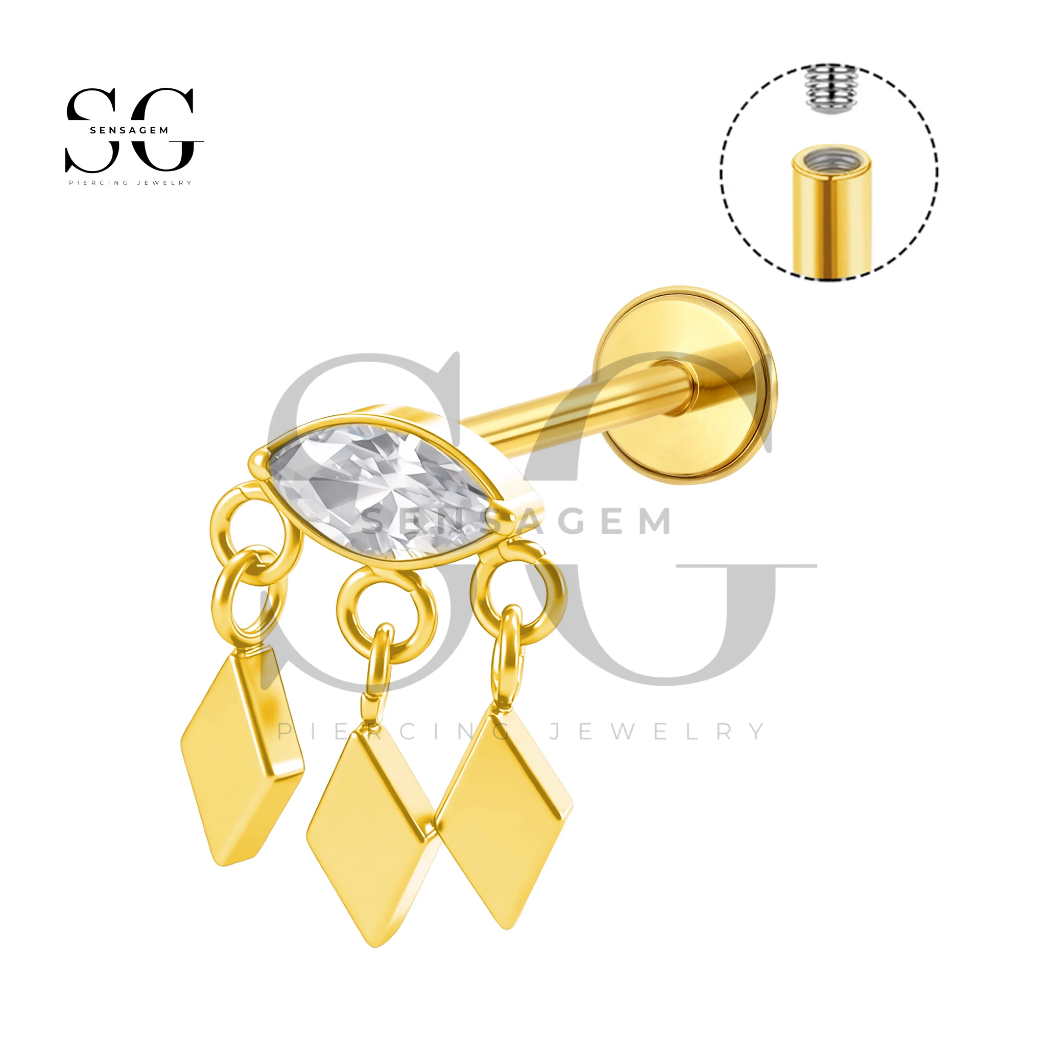 SGYS1244 Titanium Internally Threaded Lip Stud with Dangle Charms - Imagen 2