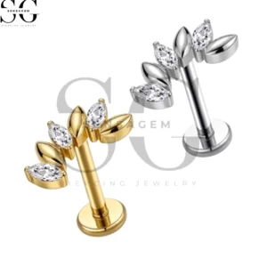 SGYS1254 F136 Titanium Marquise CZ Fan Labret Stud Internally Threaded Lip Piercing Jewelry