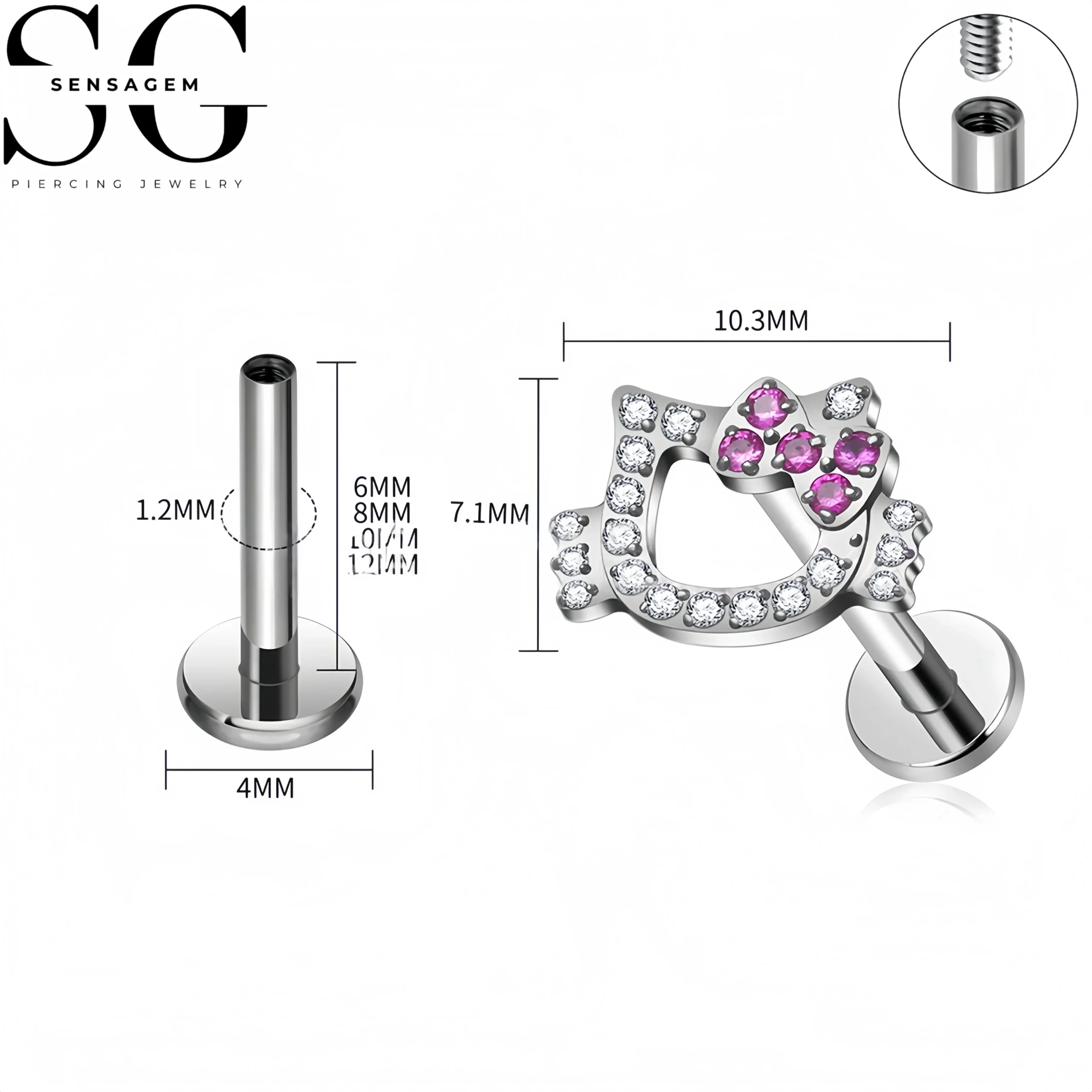 SG4416 G23 Titanium Owl Head Labret Stud with 5A Cubic Zirconia – Image 5